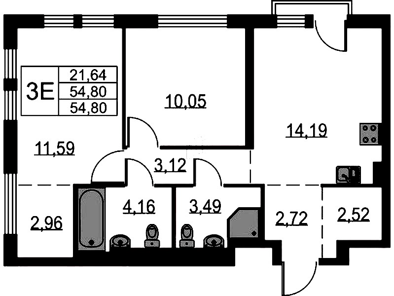 2-комнатная квартира 54.8 м², 10/15 эт., ЖК «Невская Долина»